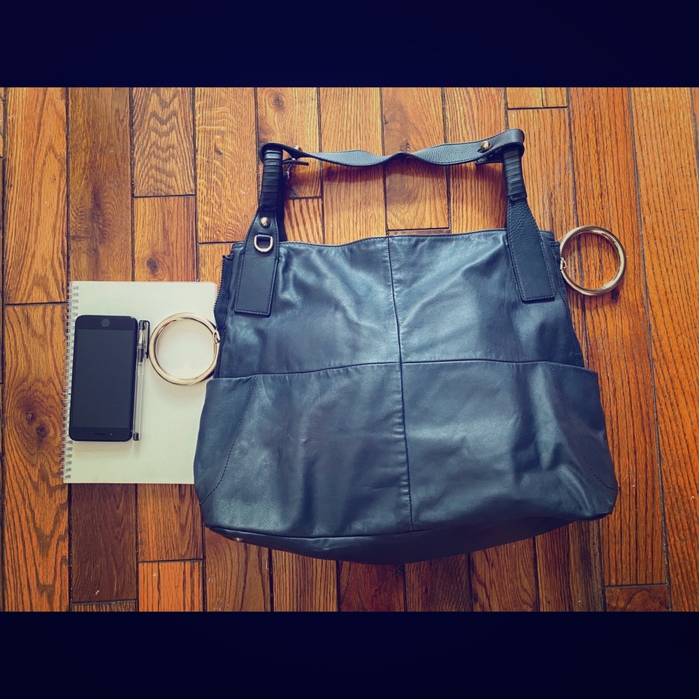 Large Navy Blue Women Leather Handbag No Scratches